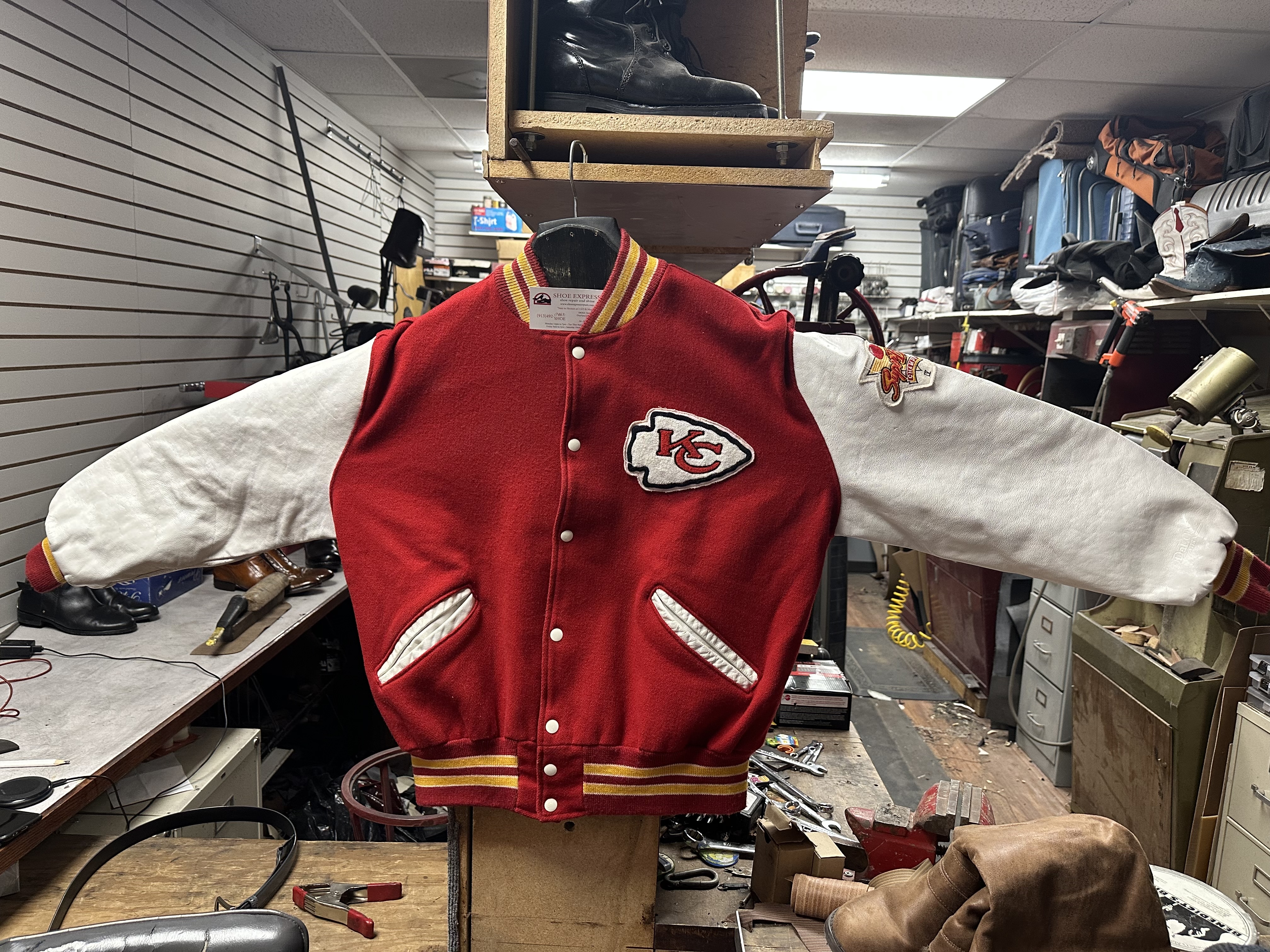 KC Chiefs Varsity Jacket Restoration — before